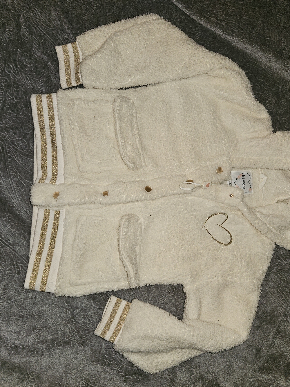 btween Cream Sherpa Puffer Jacket with Gold Trim